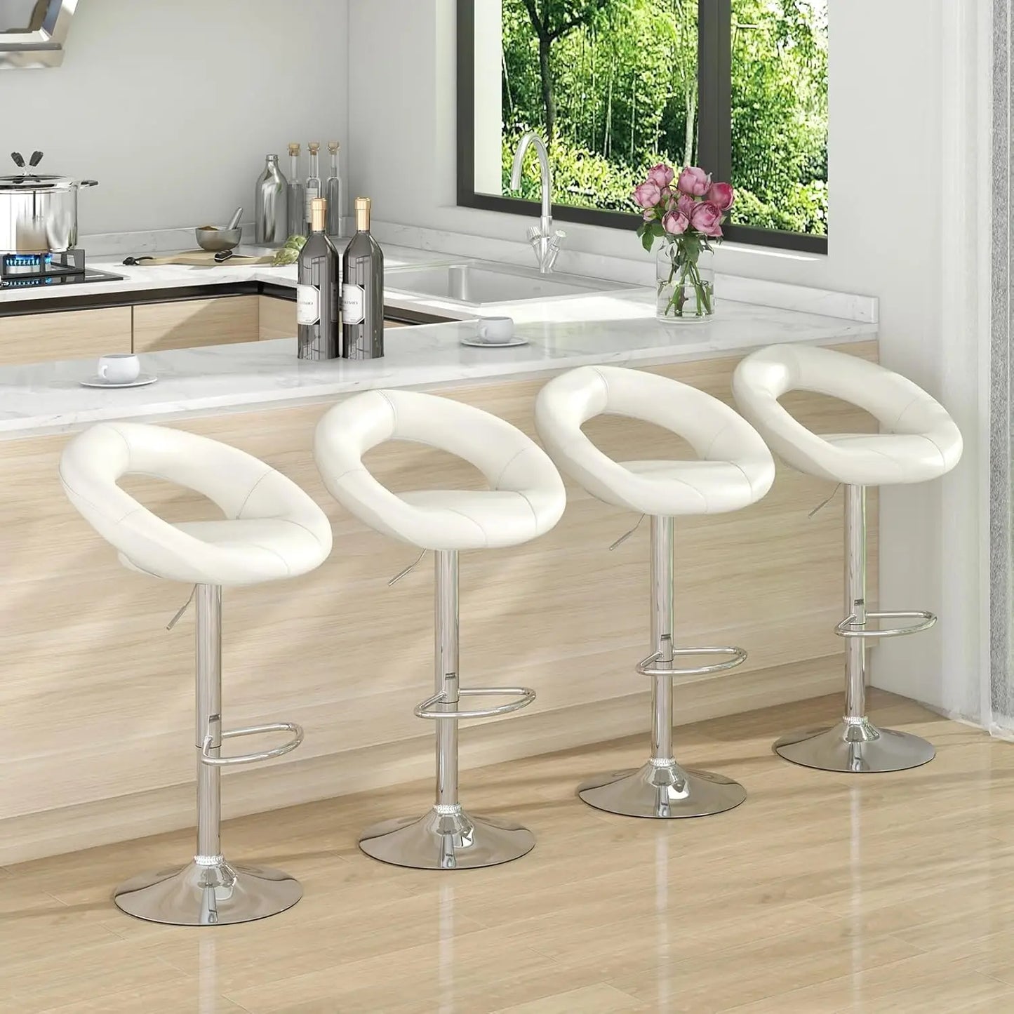 Adjustable Swivel Bar Stools Set 4 Hollow Back PU Leather Counter Chairs Footrest Metal Base Kitchen Bar White Customized