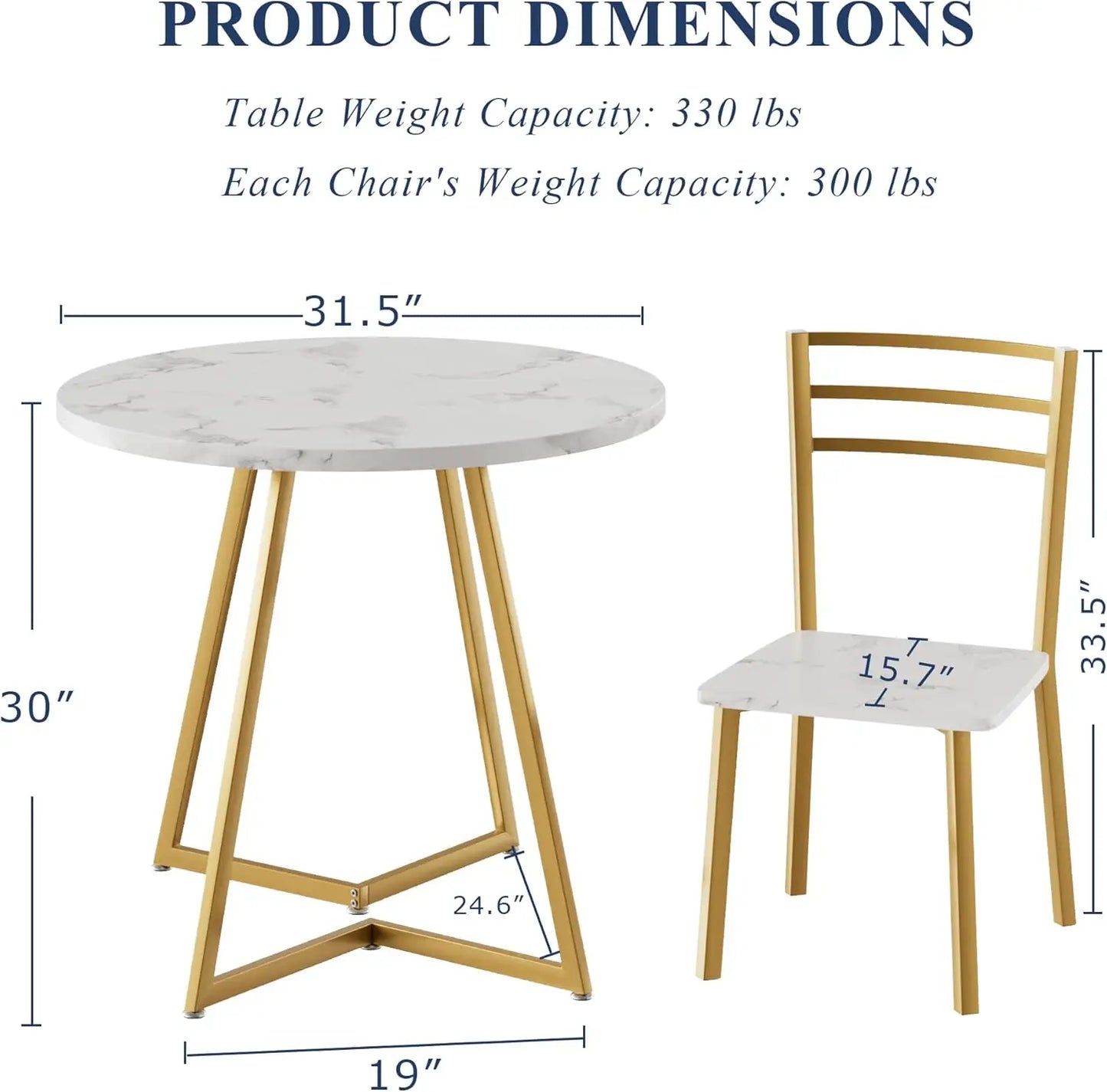 Small Round Dining Table Set for 2, Wood Top with Metal Frame, Modern Kitchen Breakfast Nook in White & Gold