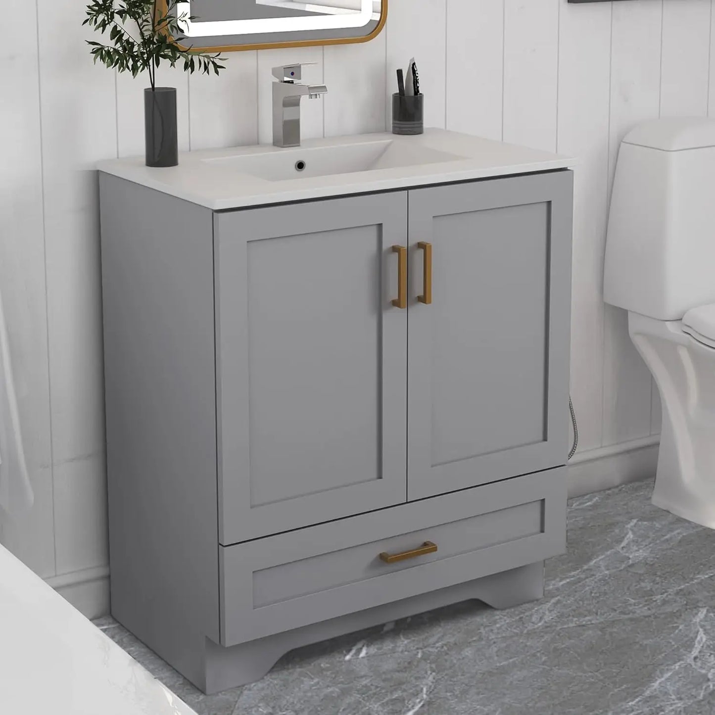 24" Bathroom Vanity with Ceramic Undermount Sink - Freestanding 2-Door & 1-Drawer Storage Cabinet
