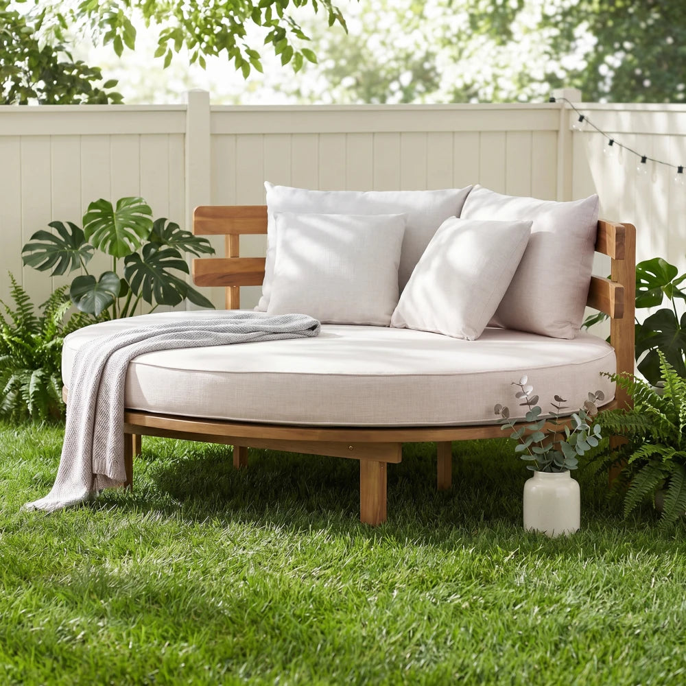 Outdoor Acacia Wood Round Daybed, Patio Lounger with Curved Slatted Backrest, Cushion and 4 Pillows for Backyard, Poolside