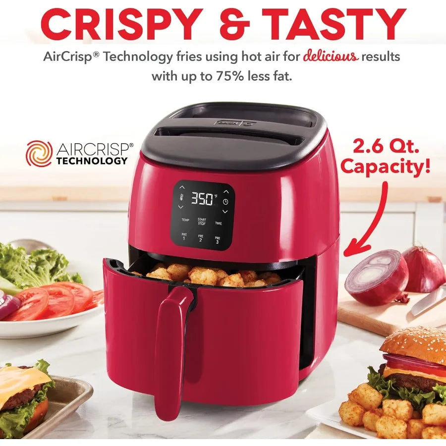 TastiCrisp Electric Air Fryer Oven 2.6 Qt. Red Compact Air Fryer for Healthier Food in Minutes Ideal for Small Spaces Features