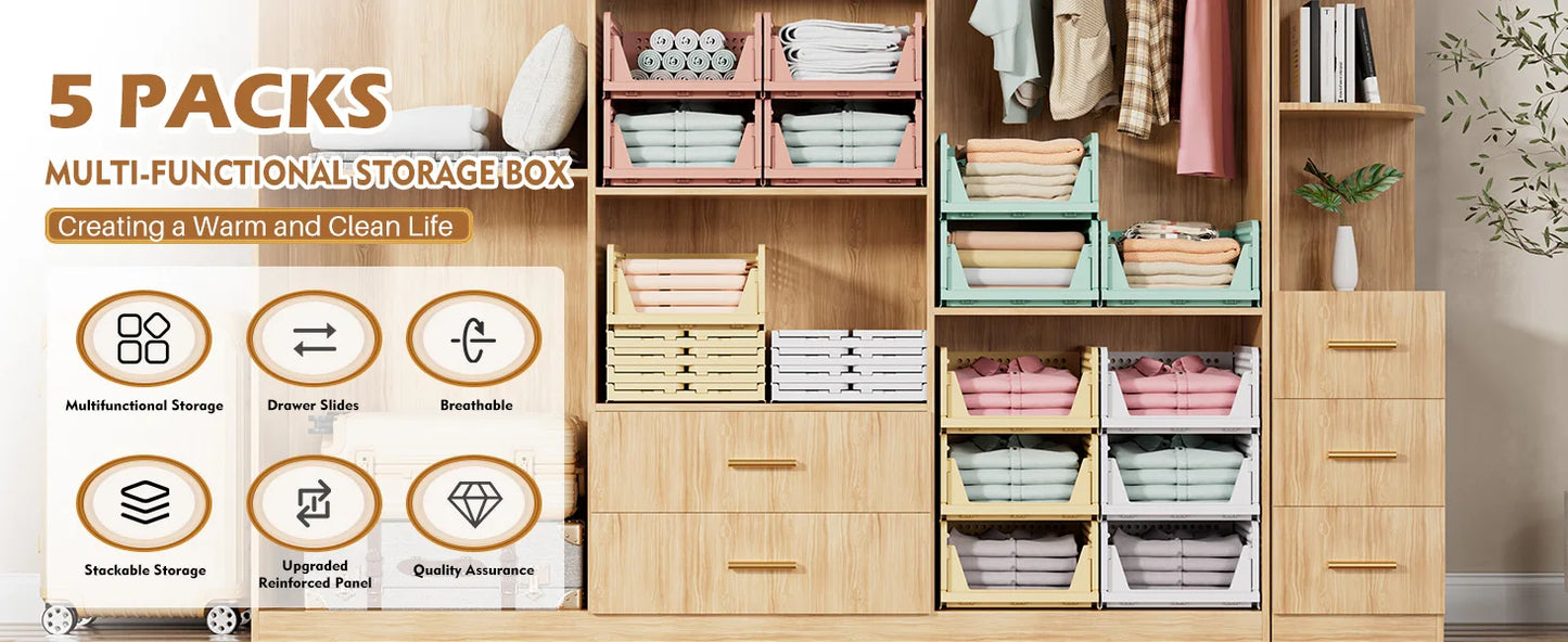 SNSLXH 5 Pack Stackable Closet Storage Basket Multifunctional & Foldable Closet Organizer for Bathroom Kitchen Laundry Room