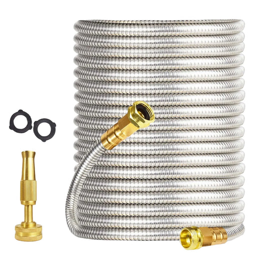 Heavy Duty Stainless Steel Garden Hose – Flexible Metal Water Hose – Kink Proof & Anti-Kink – Adjustable Brass Nozzle, Perfect for Lawn, Car Wash, Outdoor Irrigation, 25FT,50FT,75FT,100FT