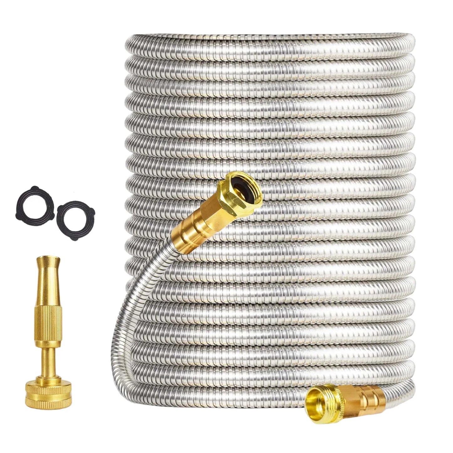 Heavy Duty Stainless Steel Garden Hose – Flexible Metal Water Hose – Kink Proof & Anti-Kink – Adjustable Brass Nozzle, Perfect for Lawn, Car Wash, Outdoor Irrigation, 25FT,50FT,75FT,100FT