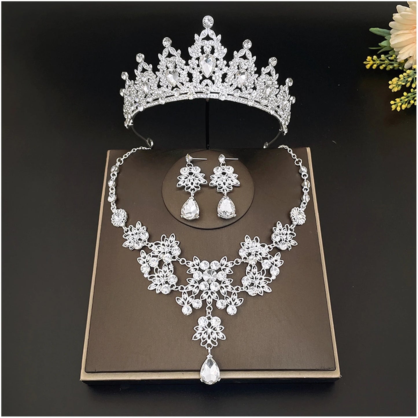 3-Pack Wedding Tiara Necklace Earrings Tiara Earrings Necklace Crystal Headband Dangle Earrings and Rings Sets for Bridesmaid