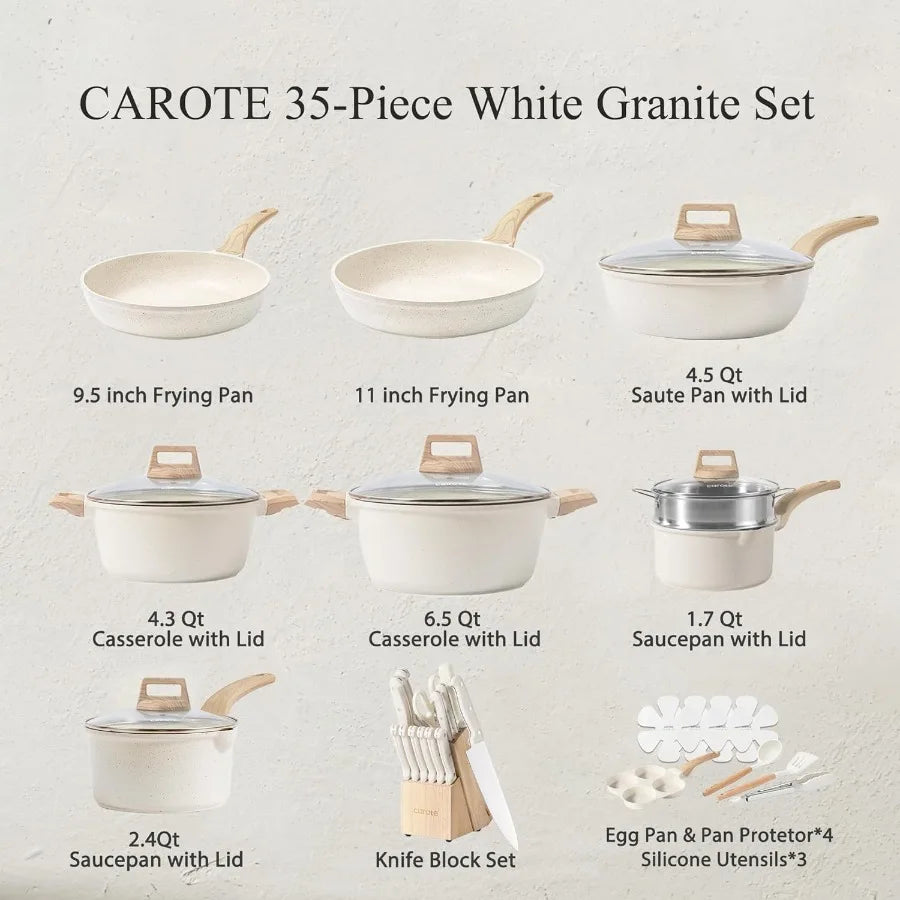 ICE 35pcs Pots and Pans Set Nonstick Cookware Sets White Granite Induction Cookware with Kitchen Knife Set