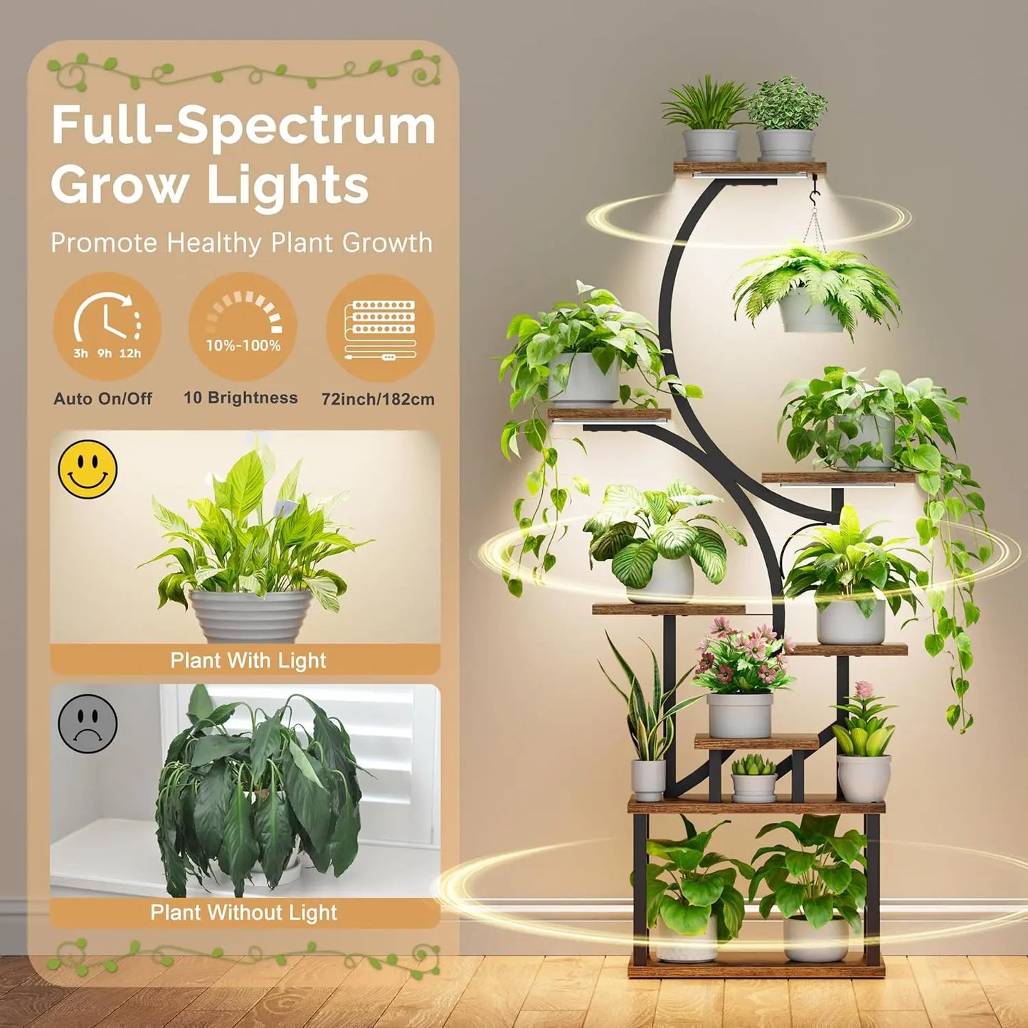 Indoor Plant Stand with Grow Lights 62 Inch Tall, 8 Tier Lighted Corner Shelf for Indoor Plants, Large Flower Holder Brown