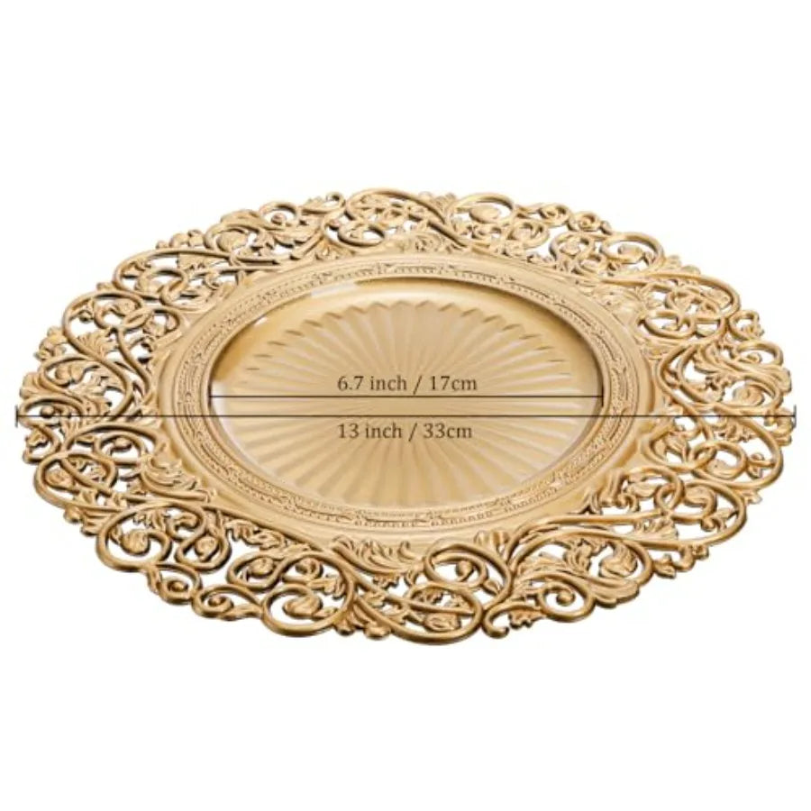 Foraineam Gold Charger Plates Set of 12 13" Round Plastic Dinner Chargers Decorative Hollowed Out Flowers Serving Plates for Ta