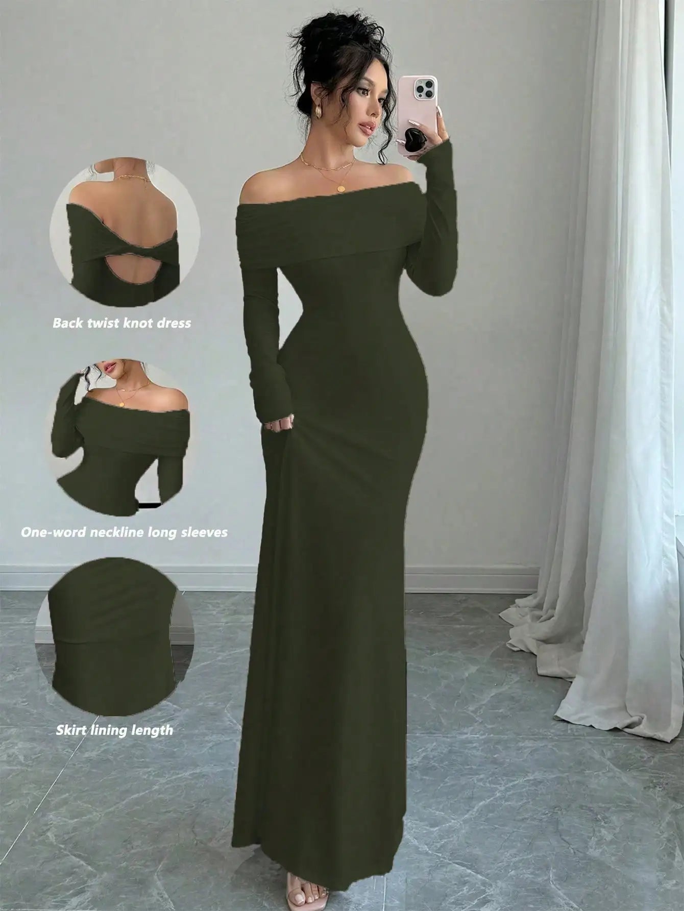 White Off-Shoulder Long Sleeve Maxi Dress with Back Twist Knot, Fitted Silhouette for Evening Events