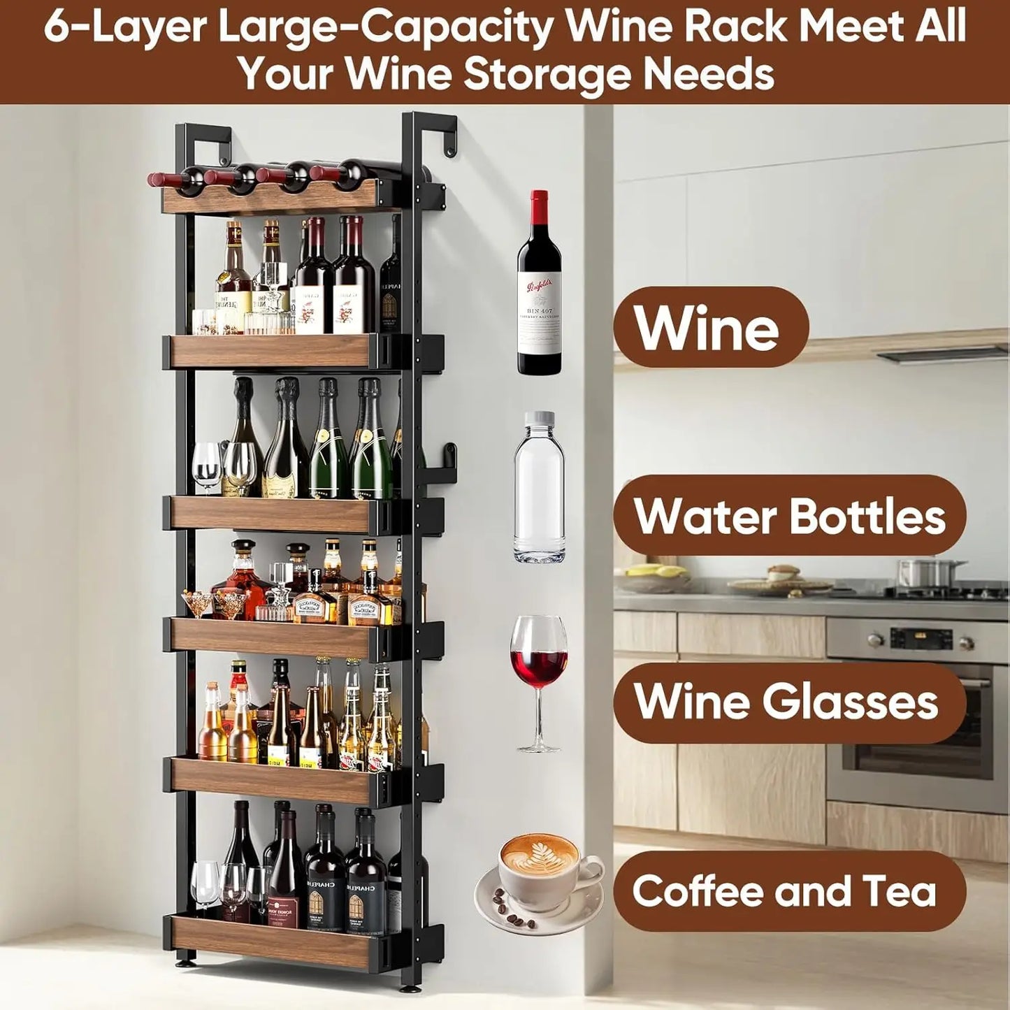 6-Tier Metal Wine Rack Wall Mounted, Adjustable Height Freestanding Floor Shelf for Home Bar Kitchen Storage
