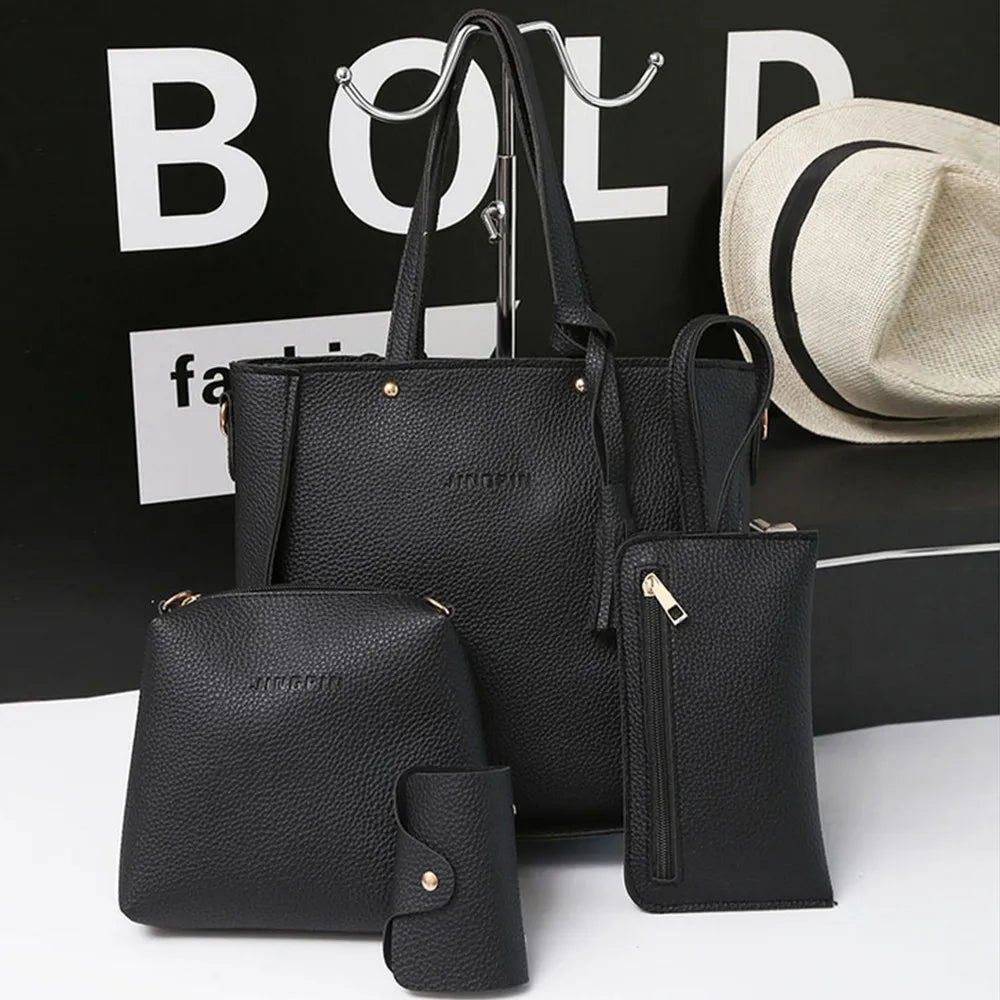 New 2024 New Large Capacity Lychee Pattern Handbags Women'S European And American Retro Fashion Tassel Four-Piece Women'S Bag