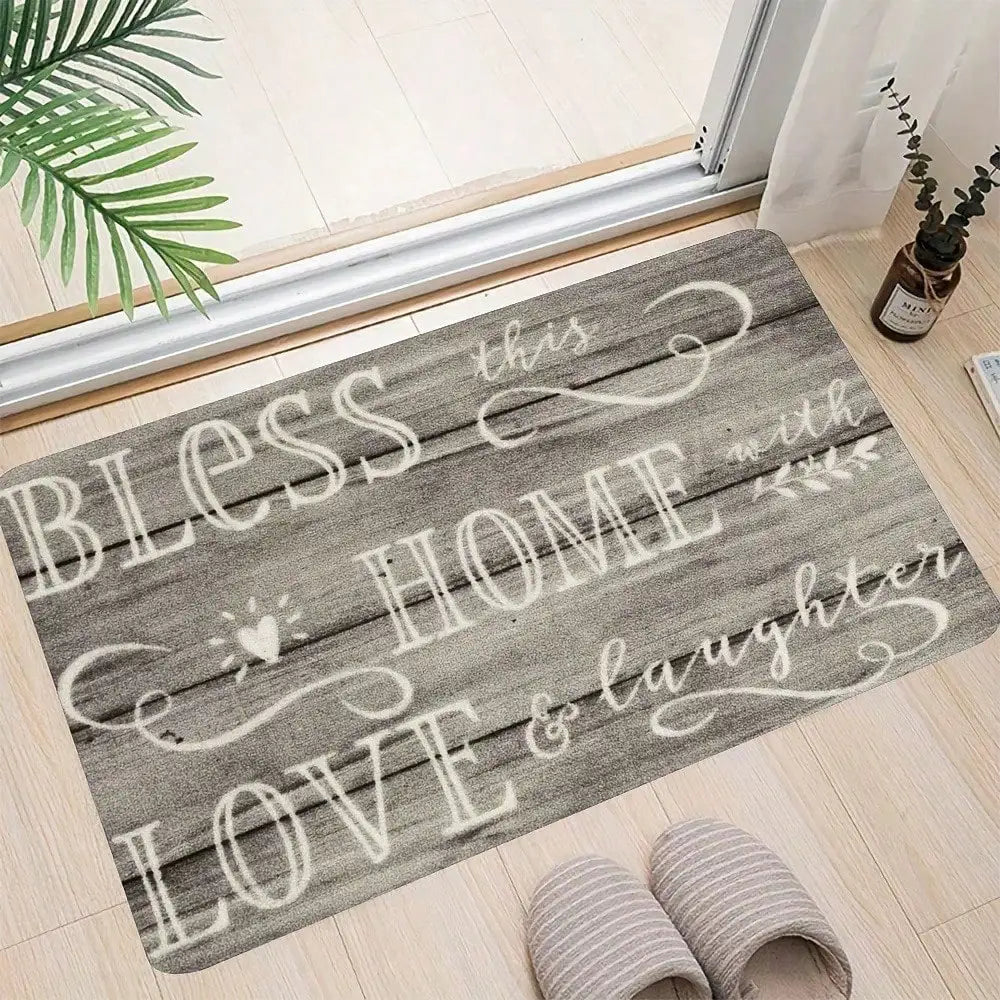 1pc Farmhouse Doormat Bless This Home Welcome Mat Non-Slip Absorbent Bathroom Rug Rustic Wood Print Inspirational Quote Mat