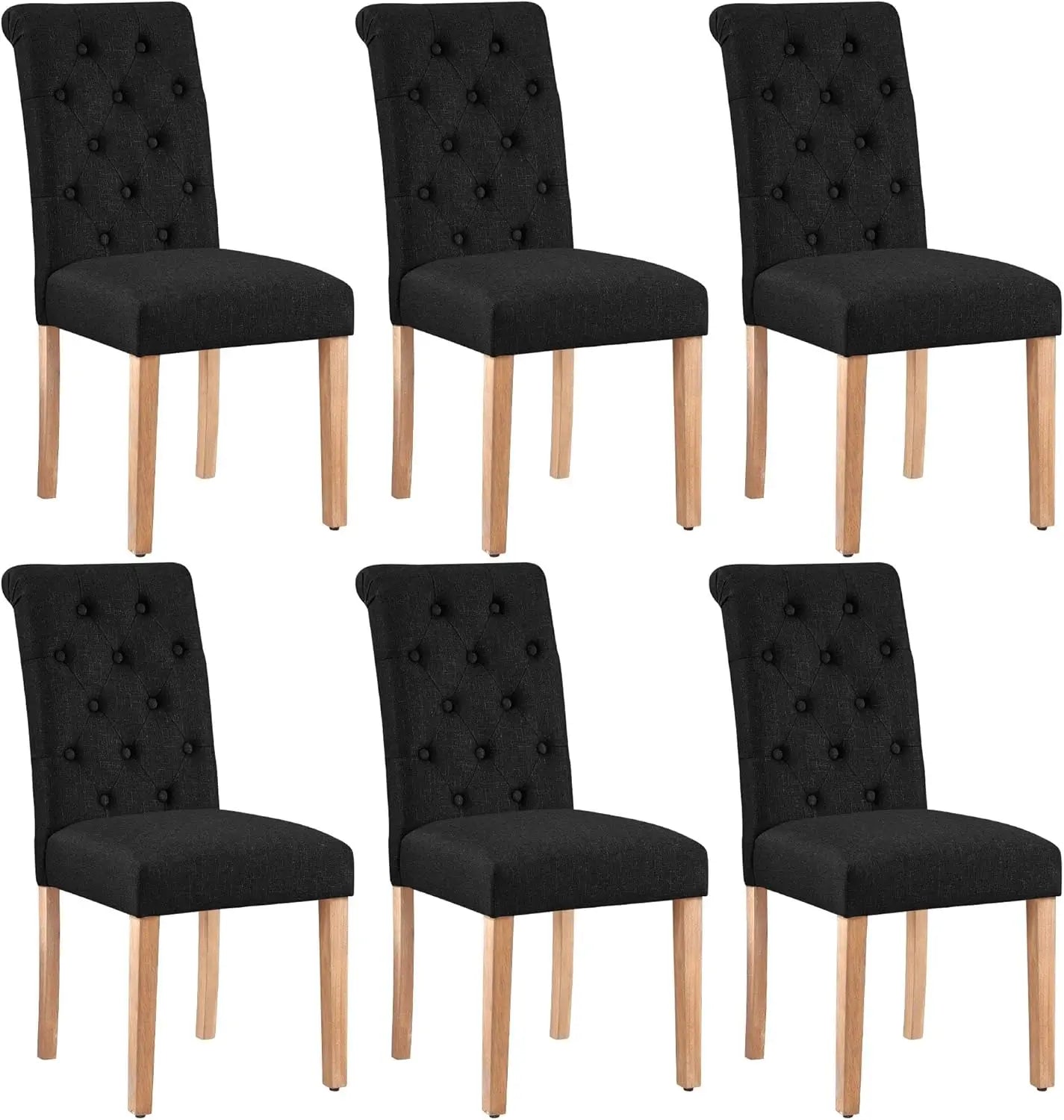 Dining Chair Set, 6 Upholstered Fabric Chairs, Button-up Tufted High Backs, Solid Wood Legs, Modern Style, Beige