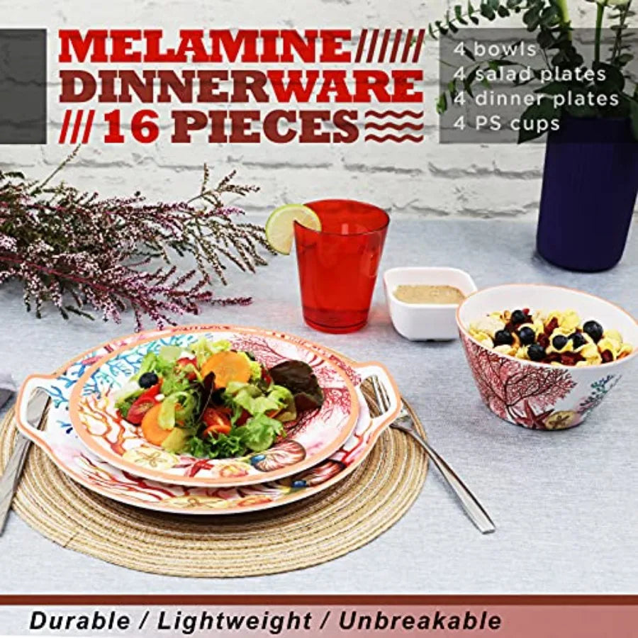 Melamine Dinnerware Set for 4-16 Pcs:Camping Dishes Set with Dinner PlatesSalad Plates Cups and Bowls.Lightweight and Unbreakab