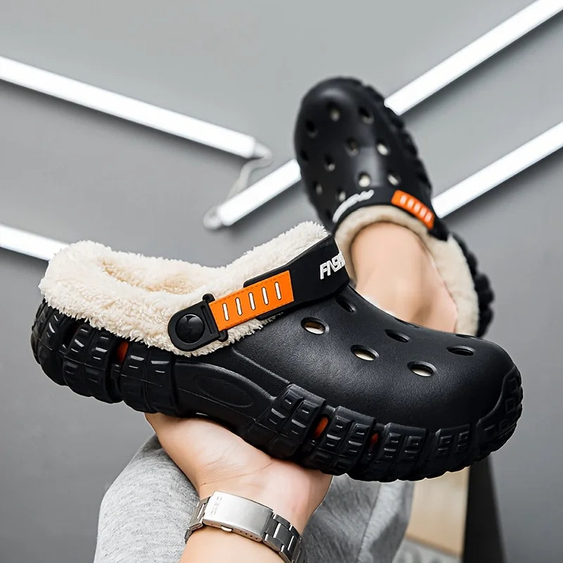 Unisex lined hole shoes, winter removable thick sole slippers with warm lining for outdoor use, thick and warm cold-proof