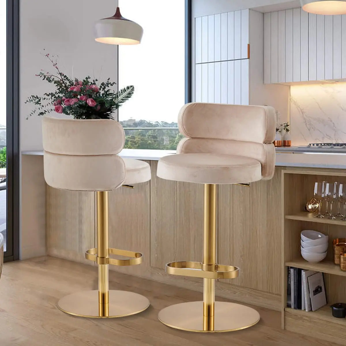 Modern  Single Velvet Upholstered Counter Stool with Gold Metal Leg and Foot Rest Premium Flannel Comfortable, Customized