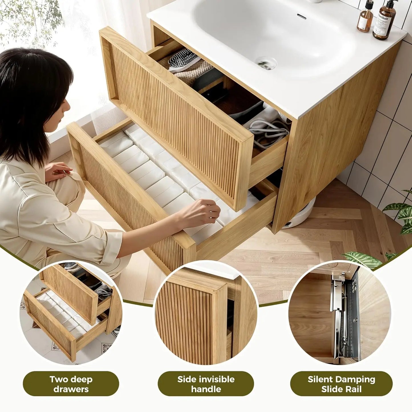 Bathroom Vanity with Sink, Wall Mounted Floating Cabinet for Bathroom, 2 Large Storage Drawers, Soft-Close System,, Customized