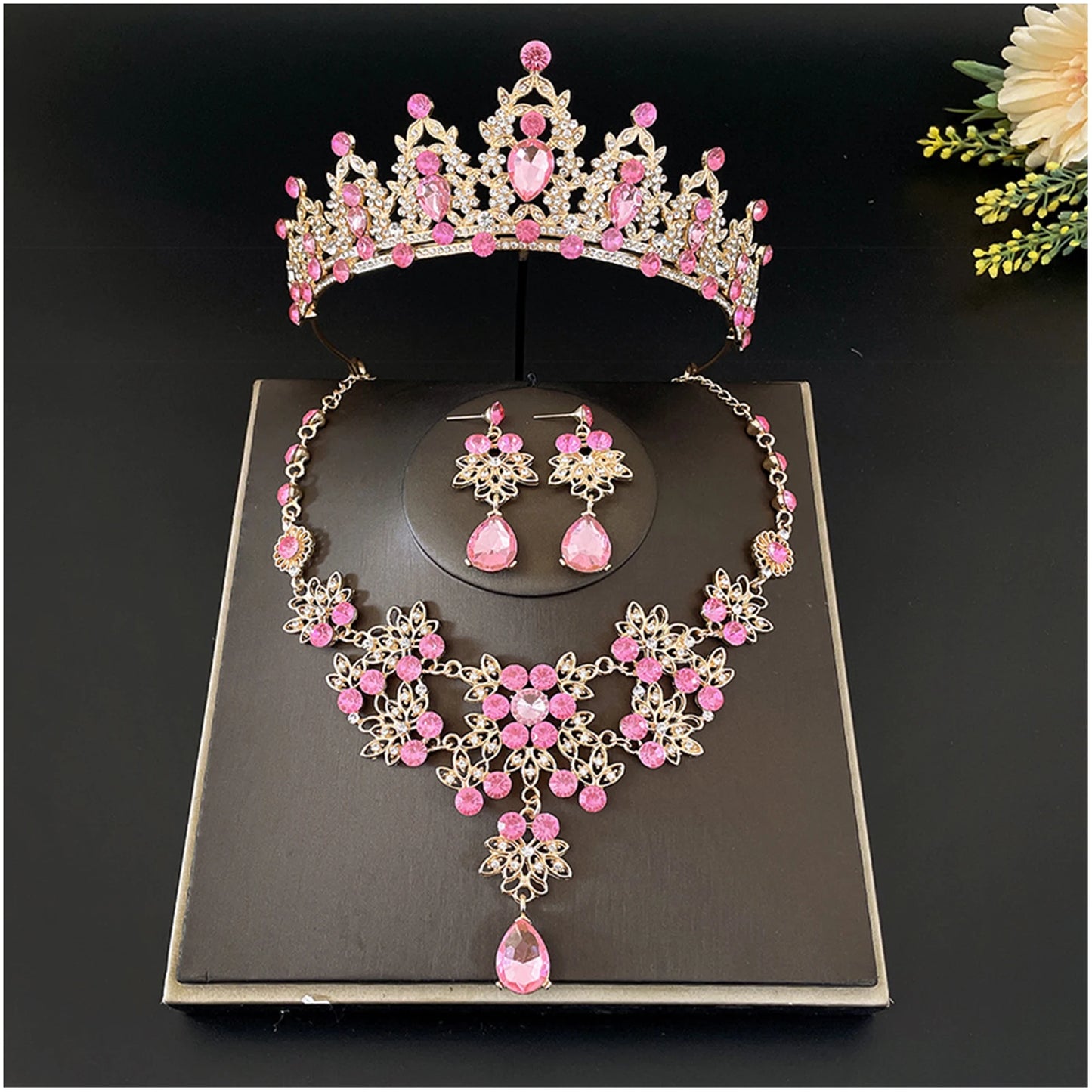 3-Pack Wedding Tiara Necklace Earrings Tiara Earrings Necklace Crystal Headband Dangle Earrings and Rings Sets for Bridesmaid