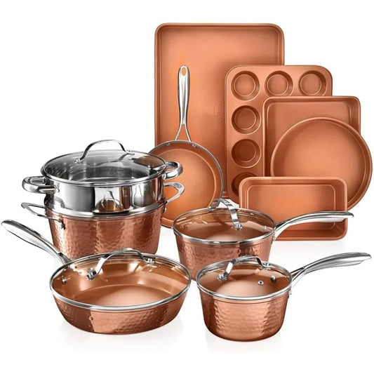 Hammered 15 Pc Ceramic Cookware Set Nonstick Deep Copper Pots and Pans Set Non Stick with Bakeware and Deep Fry Pan Non Toxic P