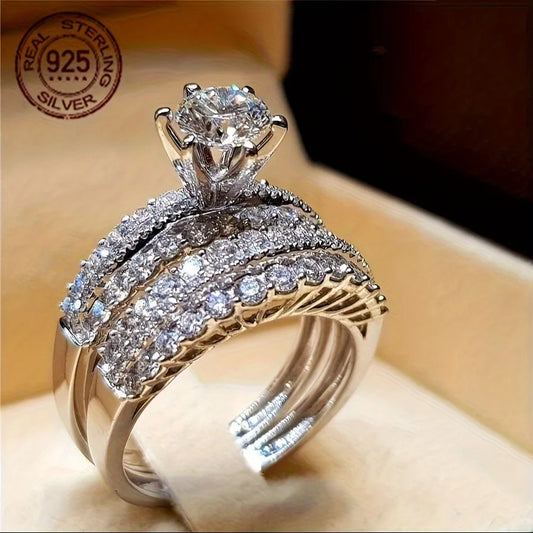 Luxurious 925 Silver Rings Set For Women 14K White Gold Plated Exquisite 5A Zircon Inlay Female Wedding Bridal Finger Ring