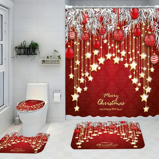 Christmas Bathroom Four-piece Set - Avant-garde Waterproof shower curtain, creating a complete bathroom kit