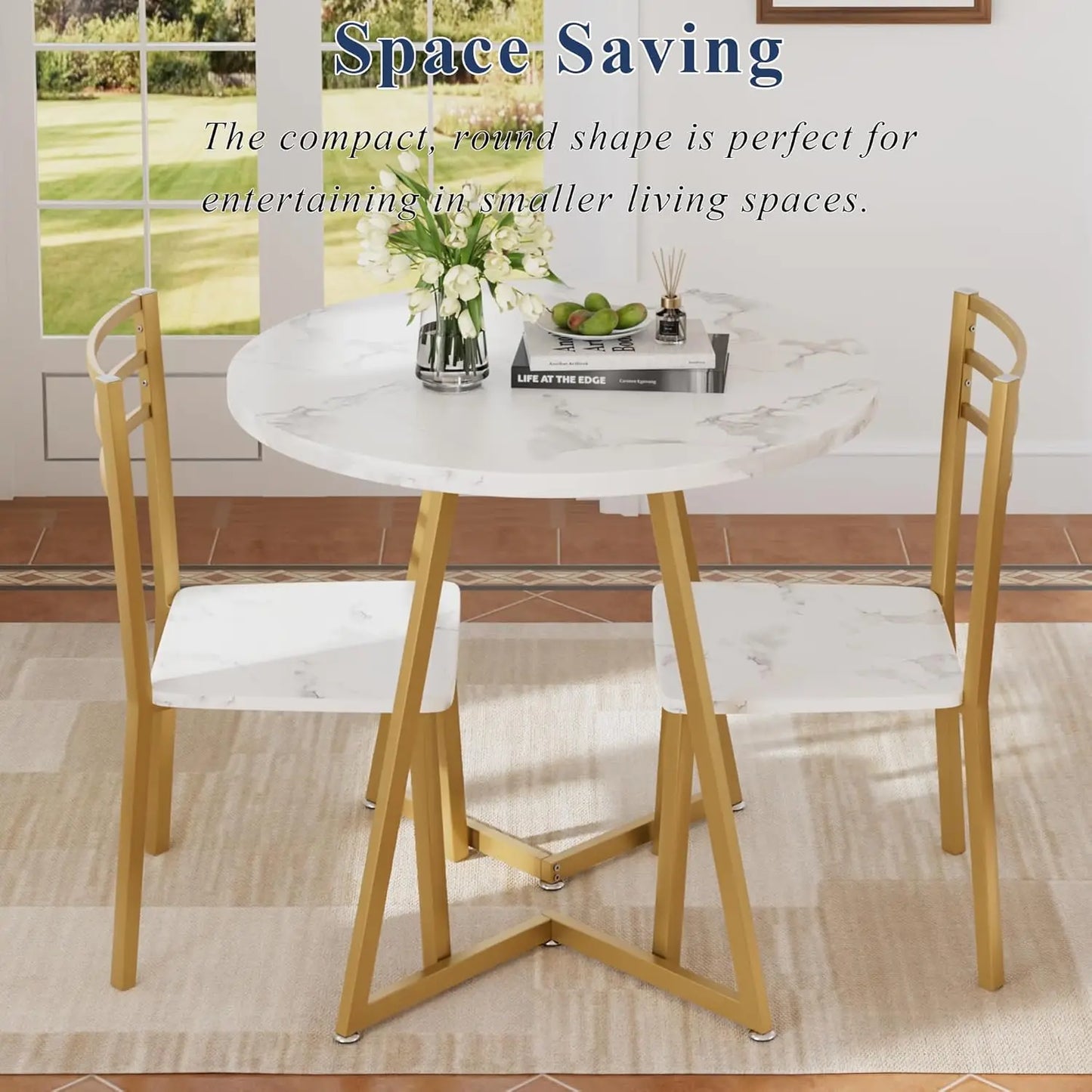 Small Round Dining Table Set for 2, Wood Top with Metal Frame, Modern Kitchen Breakfast Nook in White & Gold