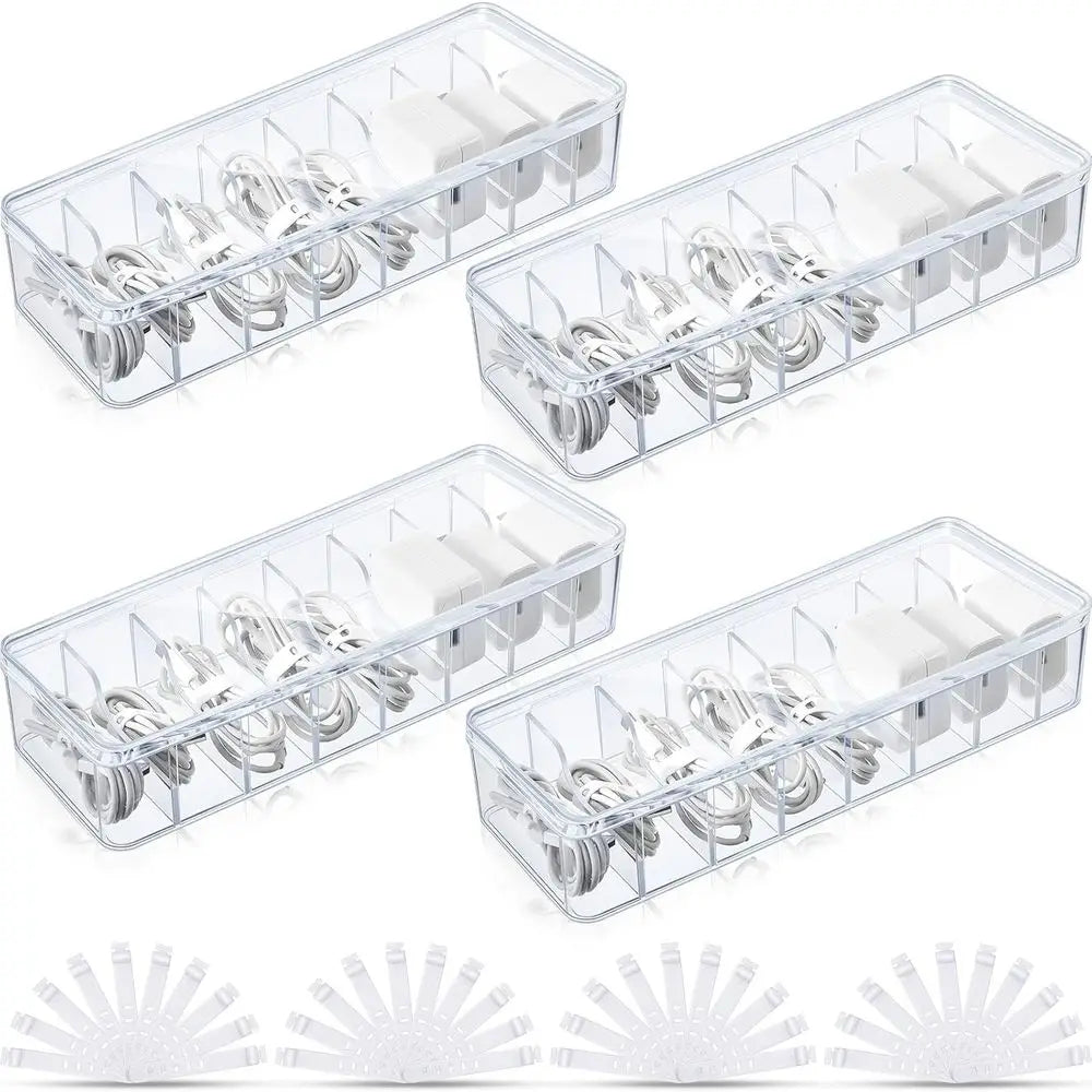 4 Pcs Cable Organizer Box with Wire Ties, Plastic Cord Storage Box with Lid, Clear Organizers for Home Office Desk and Accessori