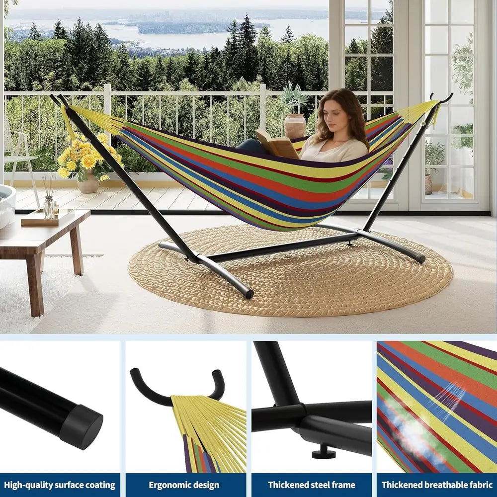2 Person Hammocks with Stand or Outside, Double Hammocks Portable Space Saving Heavy-Duty Steel Stand or Indoor Outdoor Patio wi
