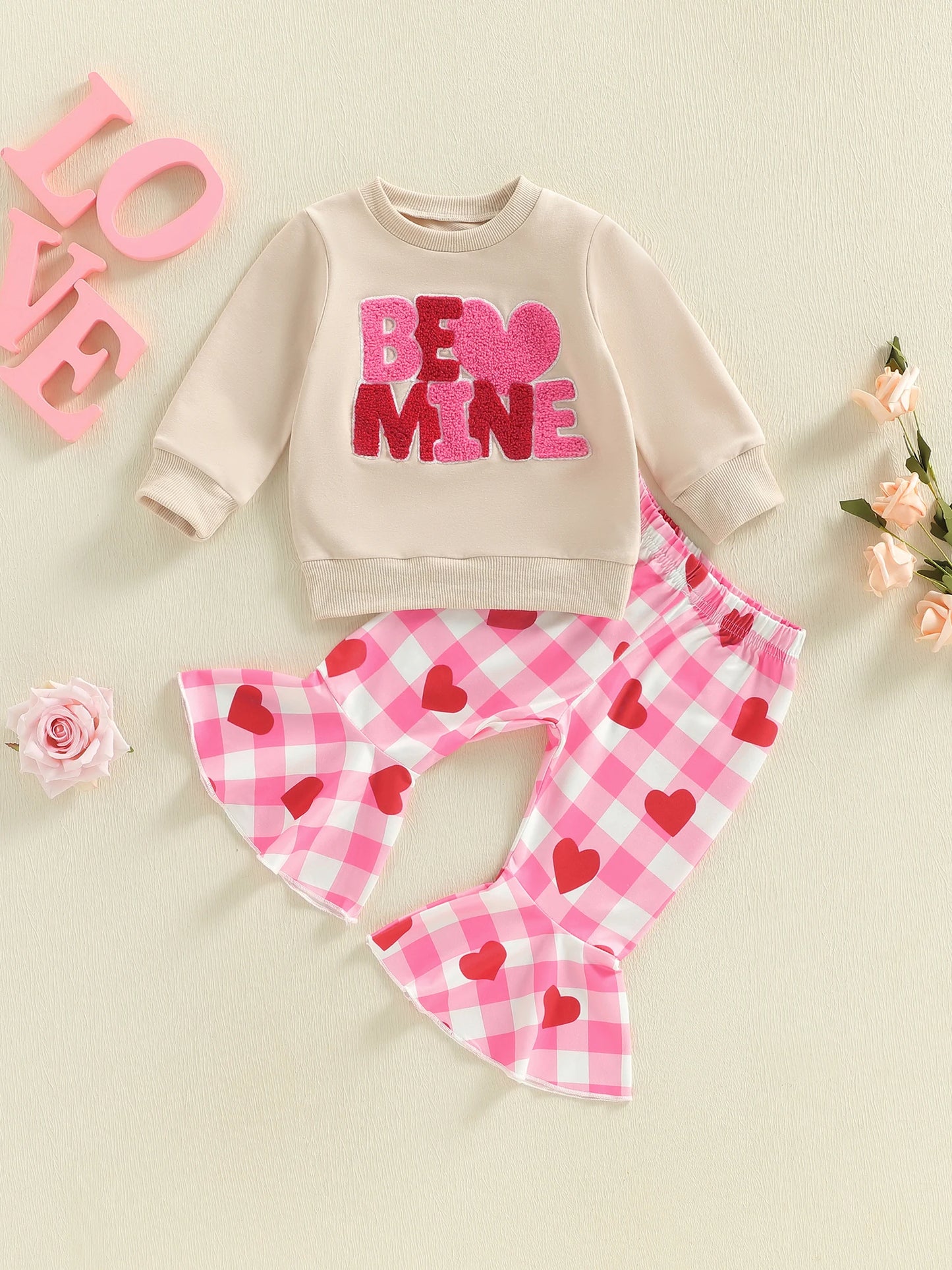 Cute Toddler Girl Valentine s Day Clothes Heart Embroidery Top Plaid Bell Bottoms 2 Piece Set for a Stylish Look