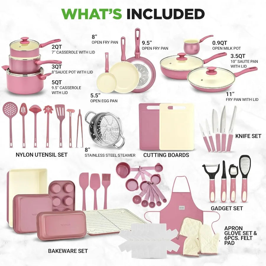 54Piece Kitchen Cookware Set Complete NonStick Ceramic Pots and Pans Set with Utensils Bakeware and Knife Set Gas Electric Indu