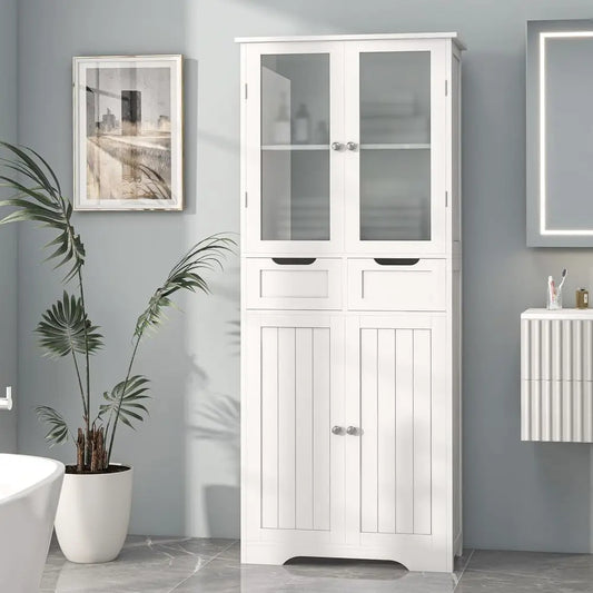 67" Tall Bathroom Storage Cabinet, reestanding Bathroom Cabinet with Glass Doand Shelves, Large Bathroom Cabinet with 2 Ders or