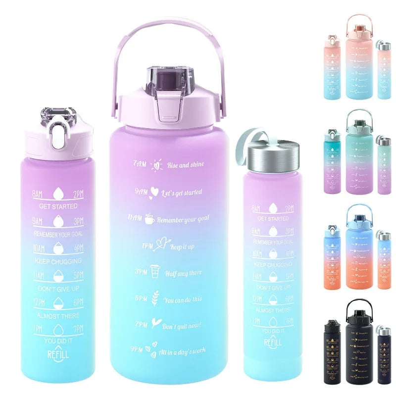3-Piece Set Large Capacity Gradient Water Bottle,Water Bottle with Straw 2 Litre Leakproof with Time Marker,for Sports Fitness