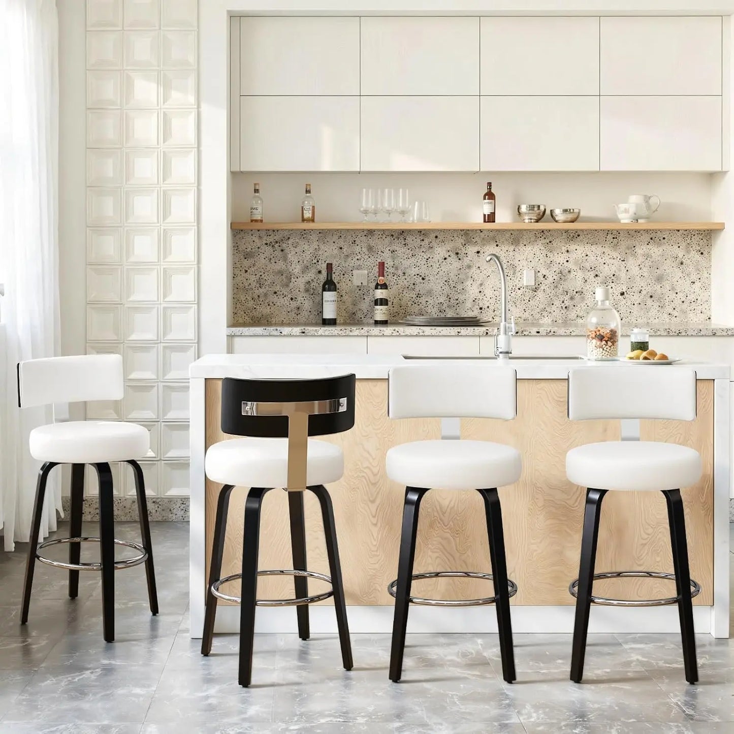 Swivel Counter Height Bar Stools Set of 4, Faux Leather Kitchen Stools Upholstered Barstools with Back, Walnut Wood, Customized