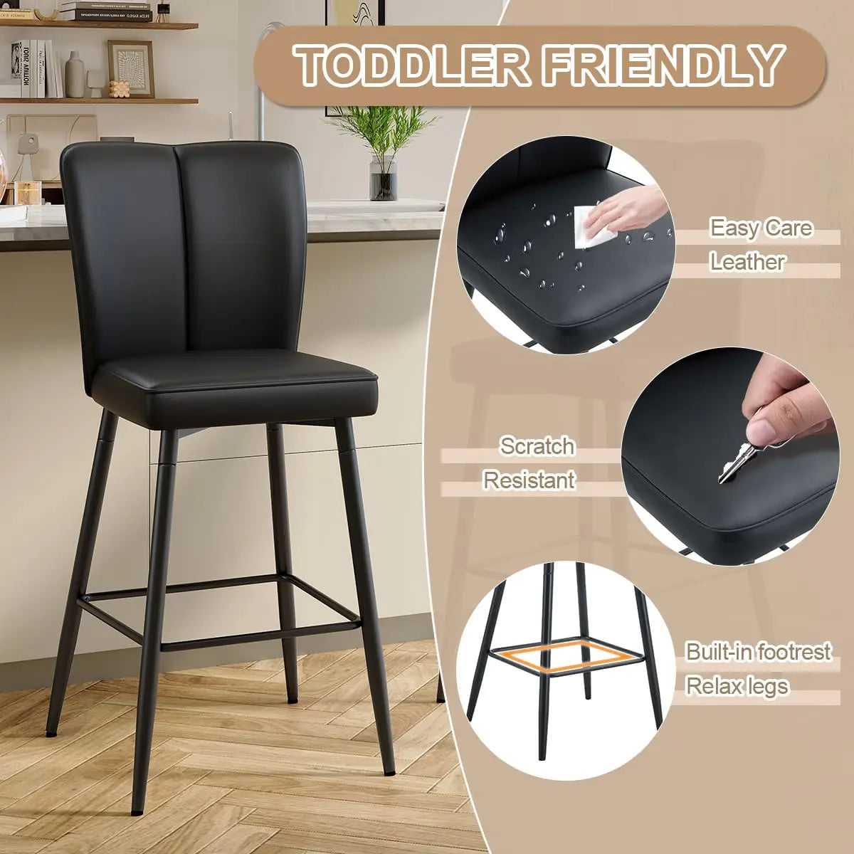 Counter Height Bar Stools Set of 4 - Kitchen Island Stools with Back,Black Barstools with Sturdy Metal Legs,Modern, Customized