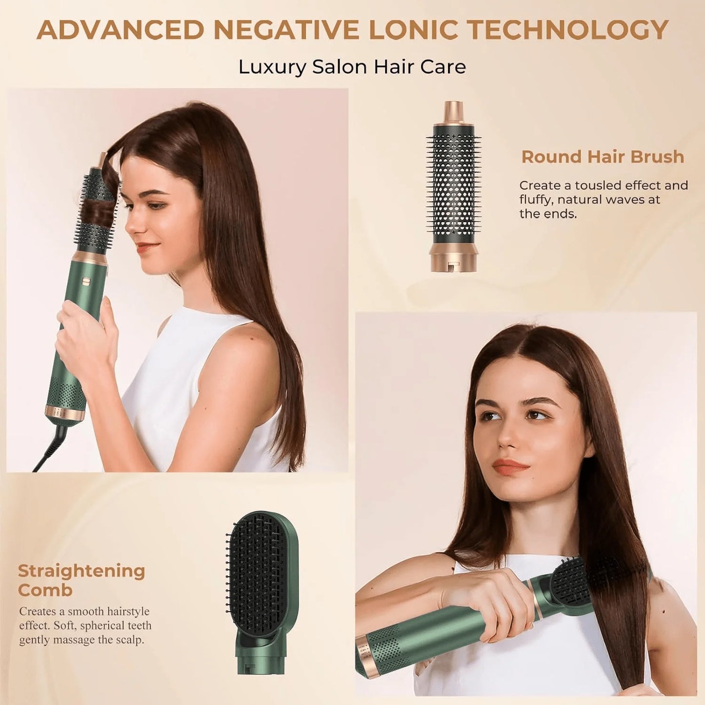 UKLISS 5-in-1 Green and Gold Air Styler: Perfect Valentine's Day Gift, 800W Power, for Curling Straightening, and Blow-drying