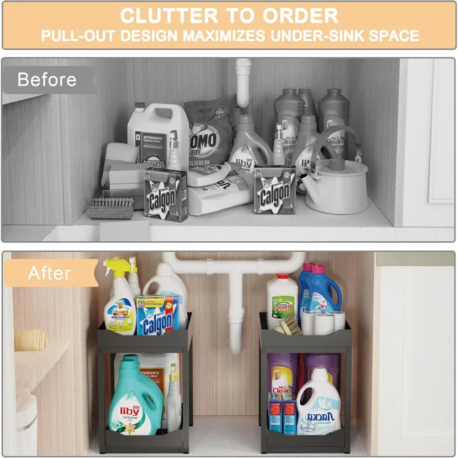 2-Tier Bathroom Organizers and Storage Metal Under Sink Organizers Pull Out Cabinet Organizer Shelf Sliding Drawer for Kitchen