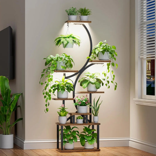 Indoor Plant Stand with Grow Lights 62 Inch Tall, 8 Tier Lighted Corner Shelf for Indoor Plants, Large Flower Holder Brown