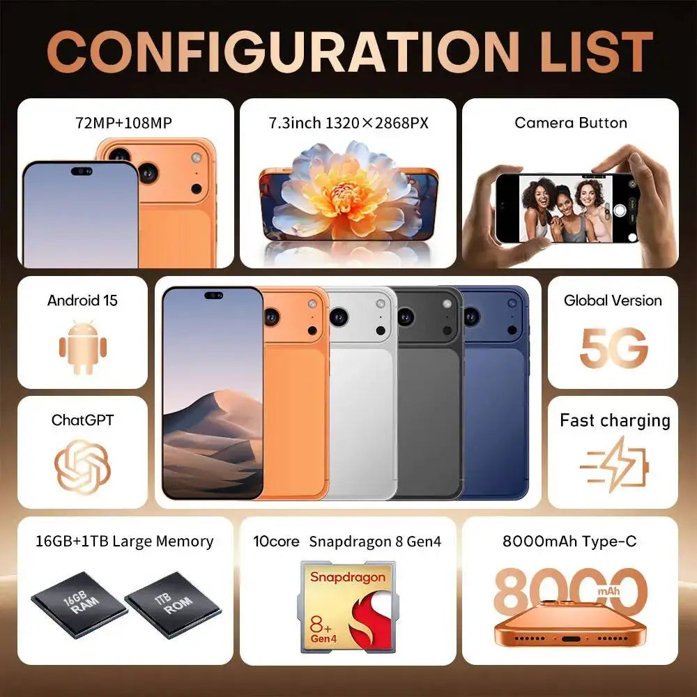 HOT New i17 Pro Max 8000mAh Battery 7.3HD 5G Dual Card Global Edition Original Cheap Smart Android Facial Recognition Function