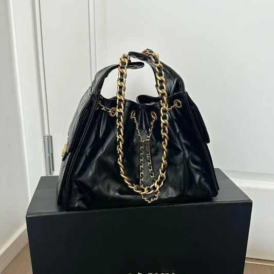 Bag 25S Hobo Shoulder bag Waxed Leather drawstring Chain Bucket Bag 25C Bag high-capacity Genuine Leather Luxury Crossbody Bag