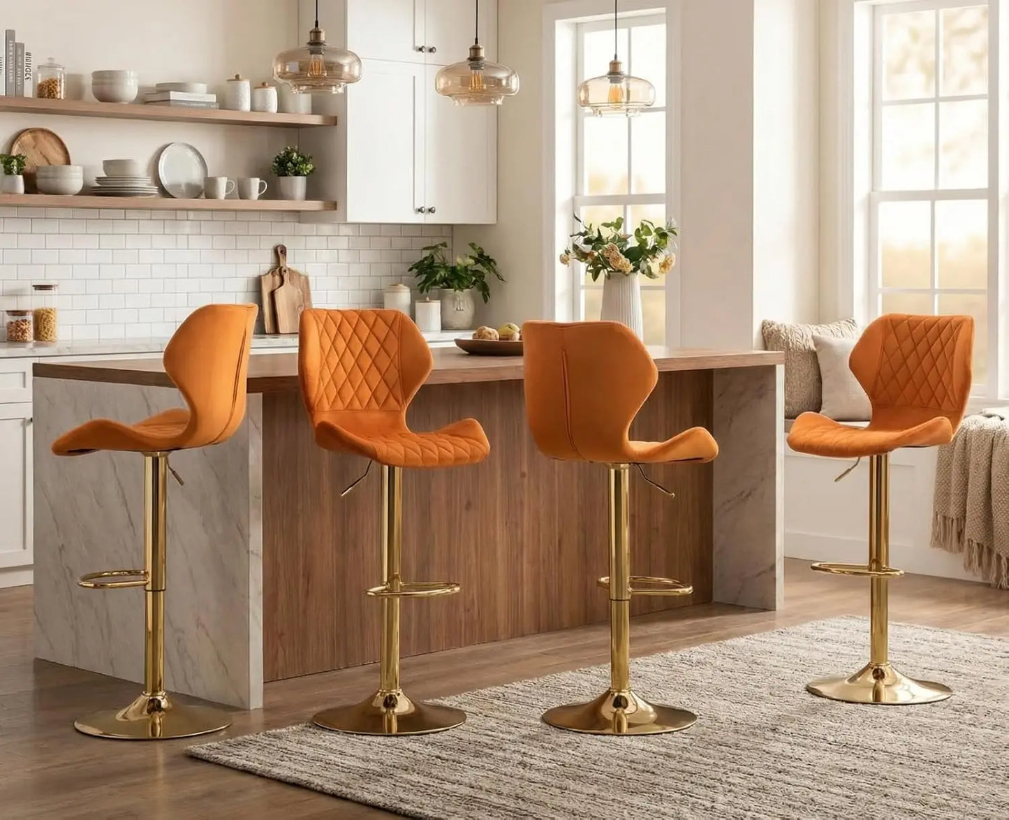 Swivel Adjustable Bar Stools Set of 2 Modern Gold Counter Height Bar Chairs for Kitchen Island Velvet Tall Barstools with Bac