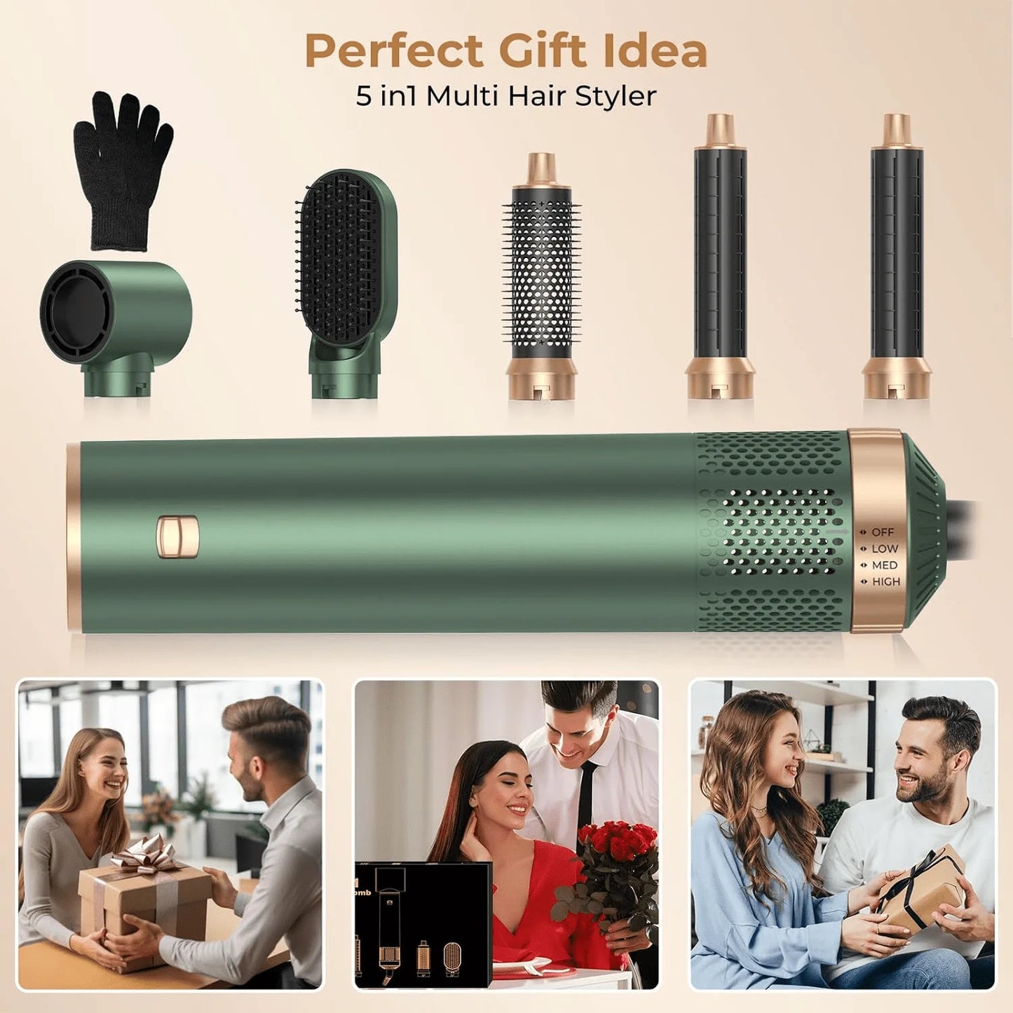 UKLISS 5-in-1 Green and Gold Air Styler: Perfect Valentine's Day Gift, 800W Power, for Curling Straightening, and Blow-drying
