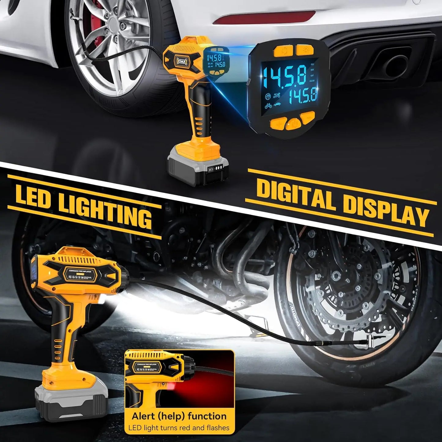 DEWALT Cordless Digital Tire Inflator Kit Precision Gauge up to 160 PSI Car Maintenance Tool with Inflatable Pump