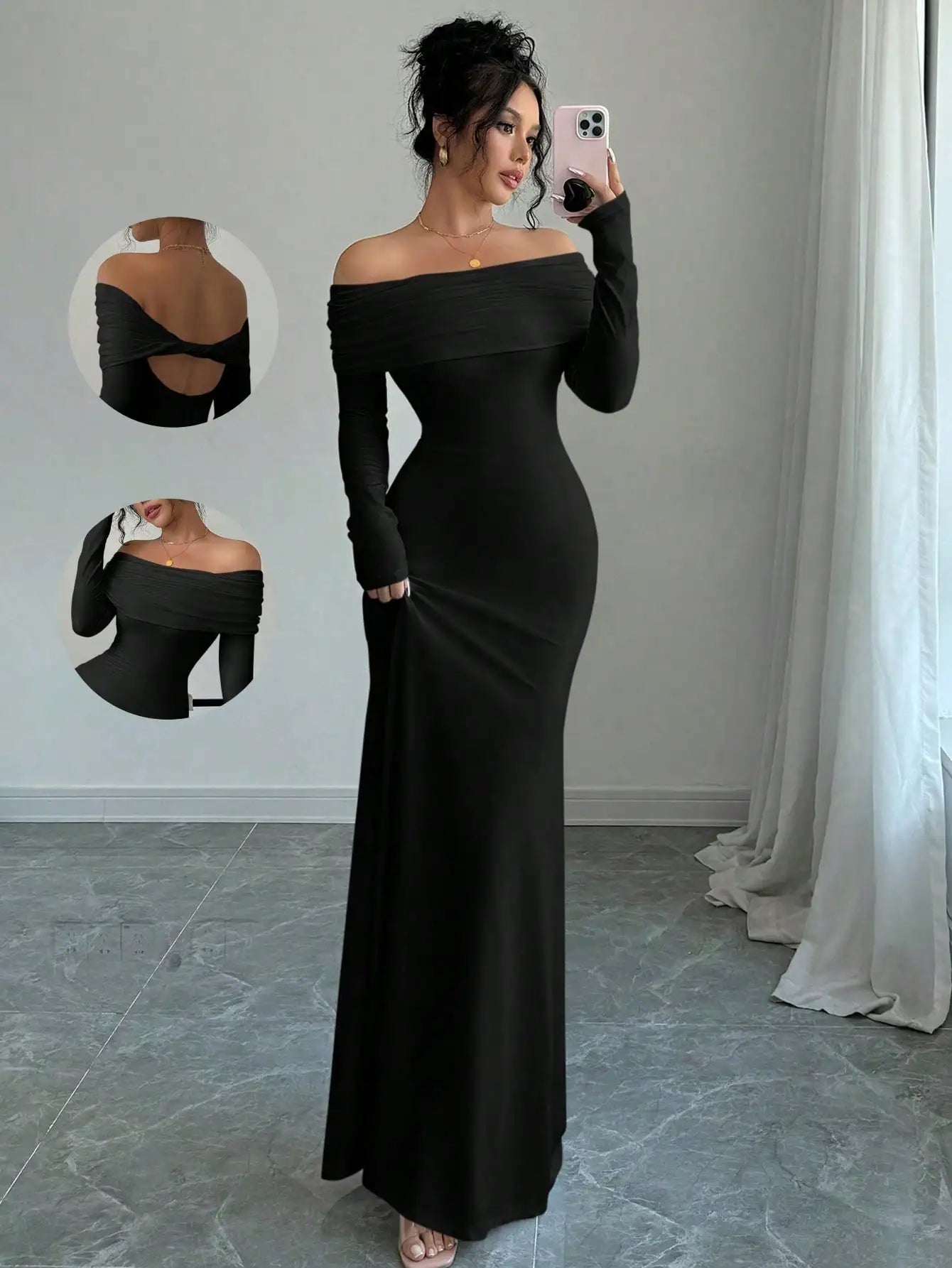 White Off-Shoulder Long Sleeve Maxi Dress with Back Twist Knot, Fitted Silhouette for Evening Events
