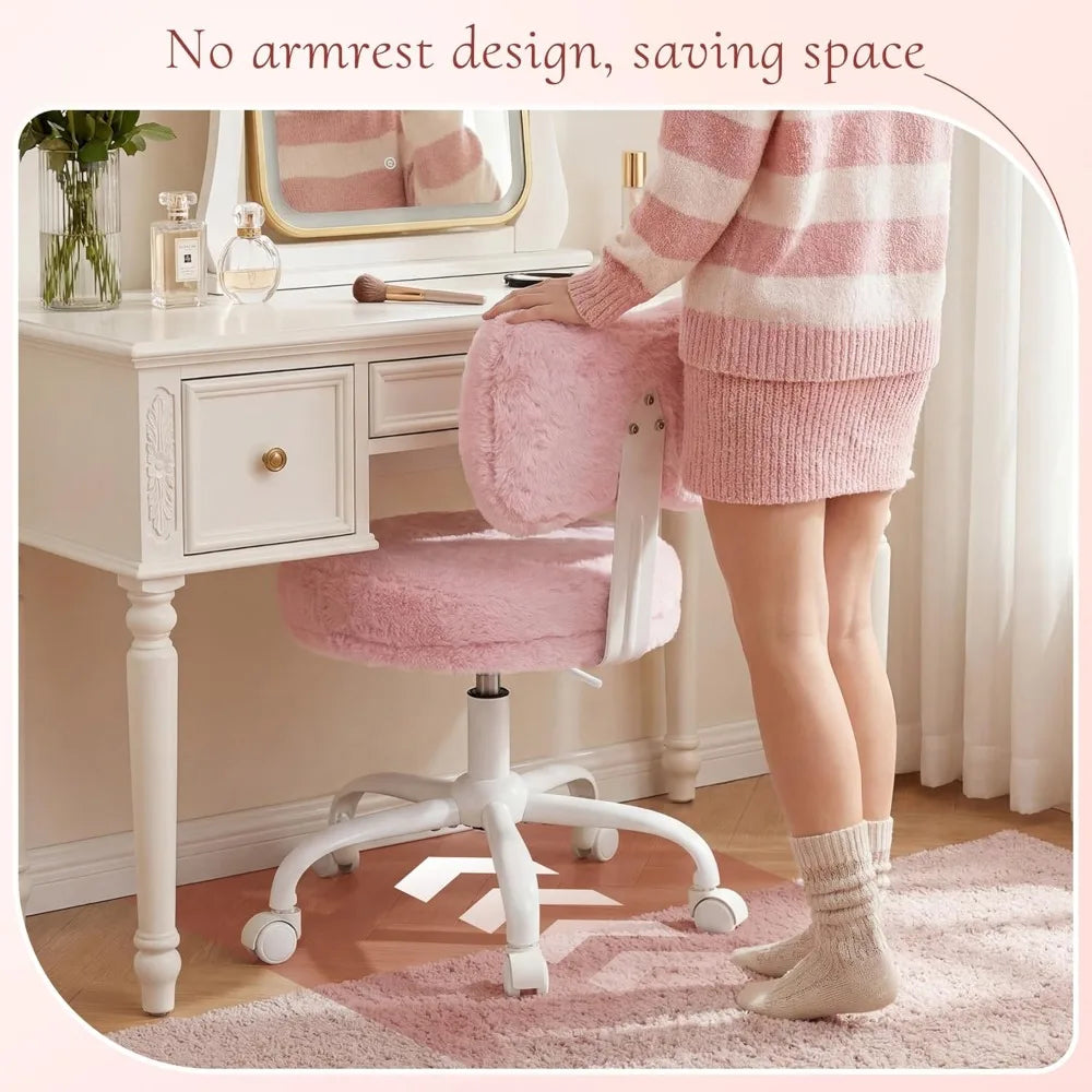 Pink Vanity Chair with Wheels, Cute Bow Backrest, Fluffy Faux Fur, Height Adjustable for Makeup Room, Bedroom, Office