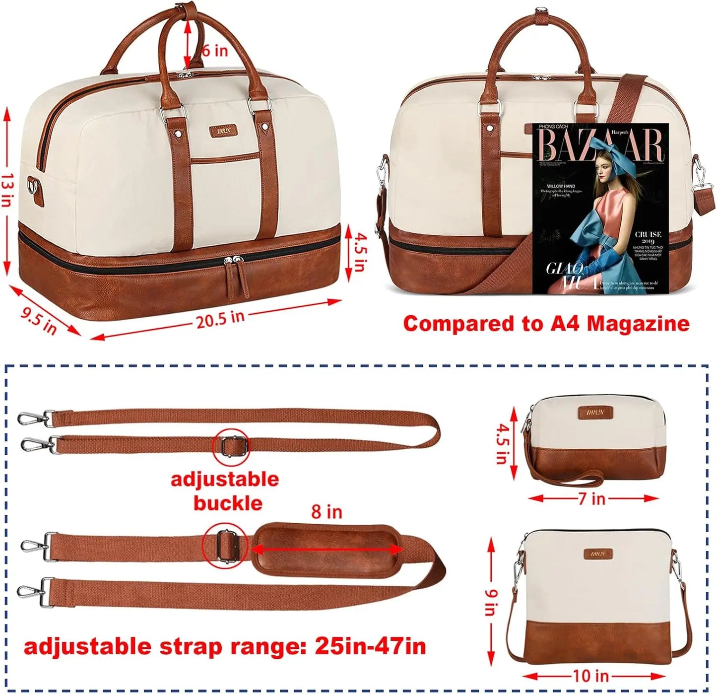 Women's Large Canvas Weekender Bag with Shoe Compartment, 21" Travel Duffel Carry-On Tote 3-Piece Set