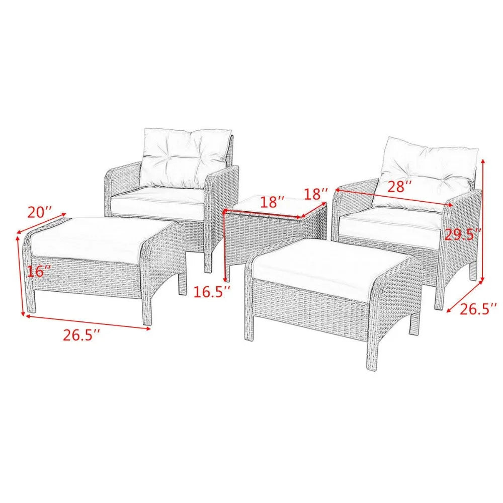5 PCS Rattan Wicker Furniture Set Sofa Ottoman W/ Cushions Patio Garden Yard NEW
