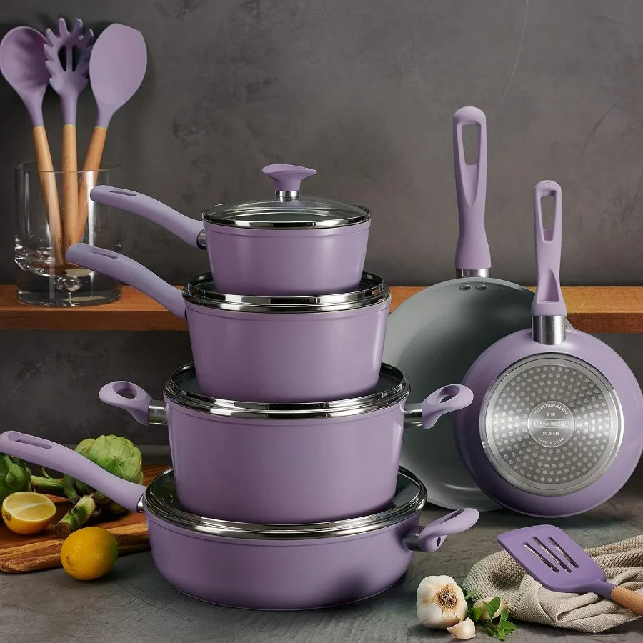 Solara 14-Piece Ceramic Non Stick Cookware Set with Lids, Heavy-Gauge Aluminum Pots and Pans Kitchen Set with Nonstick Coating,