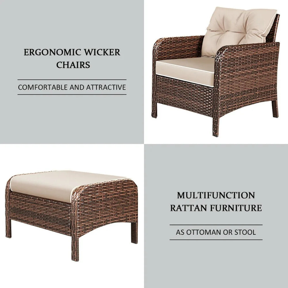 5 PCS Rattan Wicker Furniture Set Sofa Ottoman W/ Cushions Patio Garden Yard NEW