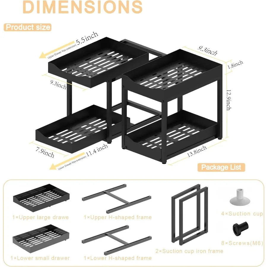 2-Tier Bathroom Organizers and Storage Metal Under Sink Organizers Pull Out Cabinet Organizer Shelf Sliding Drawer for Kitchen