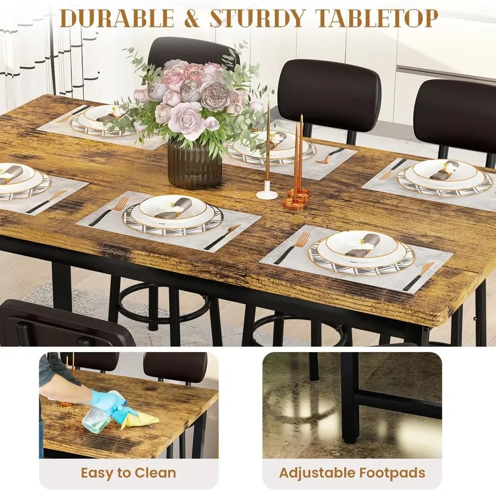 50" Dining Table Set for 6, 7-Piece Counter Height Bar Table Set with Upholstered Stools, Space-Saving Modern Pub Set